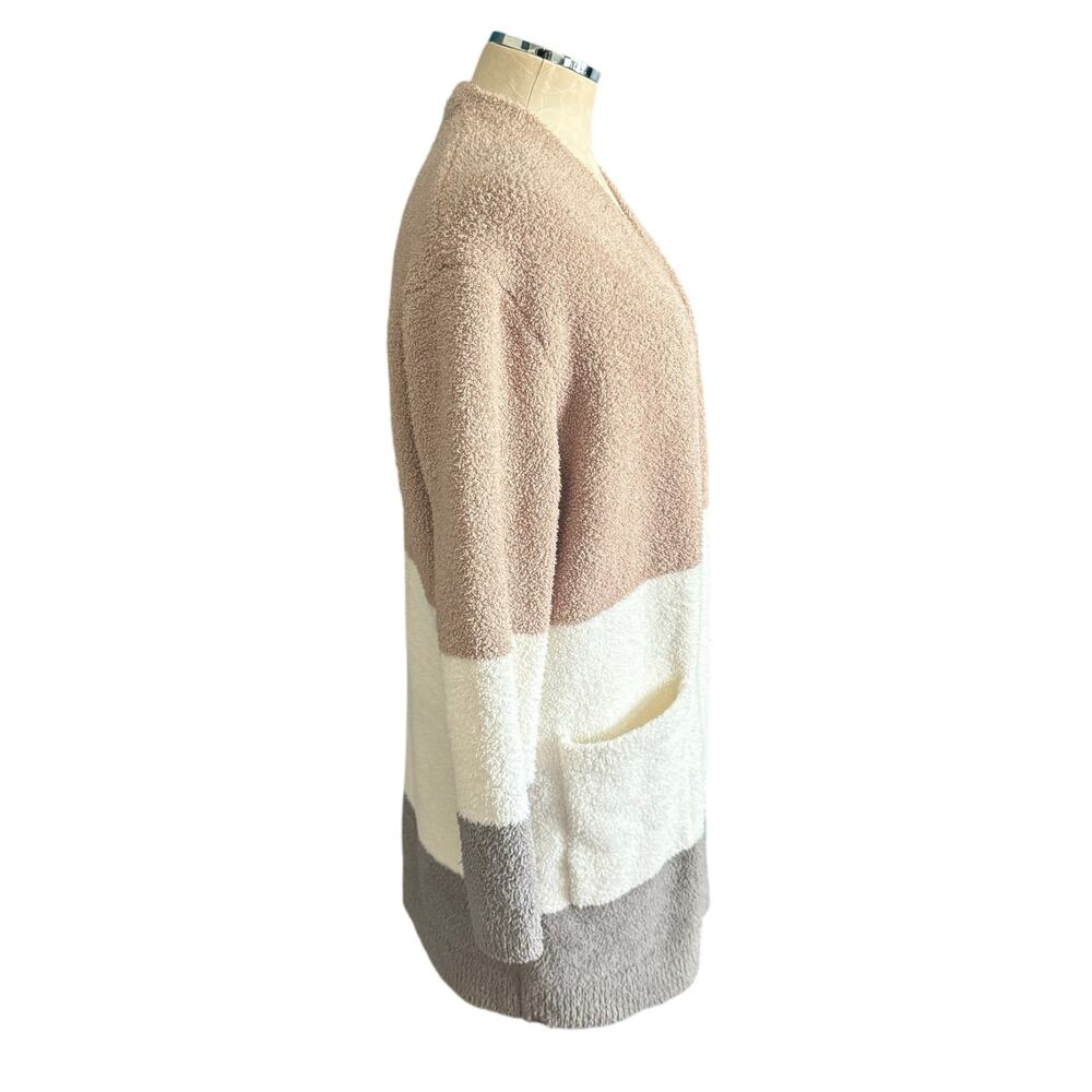 Barefoot Dreams CozyChic Colorblock Cardigan in Tan/White/Gray Stripe Size Med - Picture 6 of 10